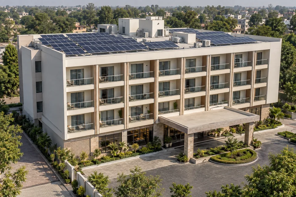 Illustrative hotel building with rooftop solar panels