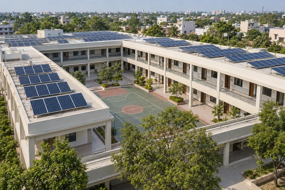 Illustrative school campus with rooftop solar and a courtyard