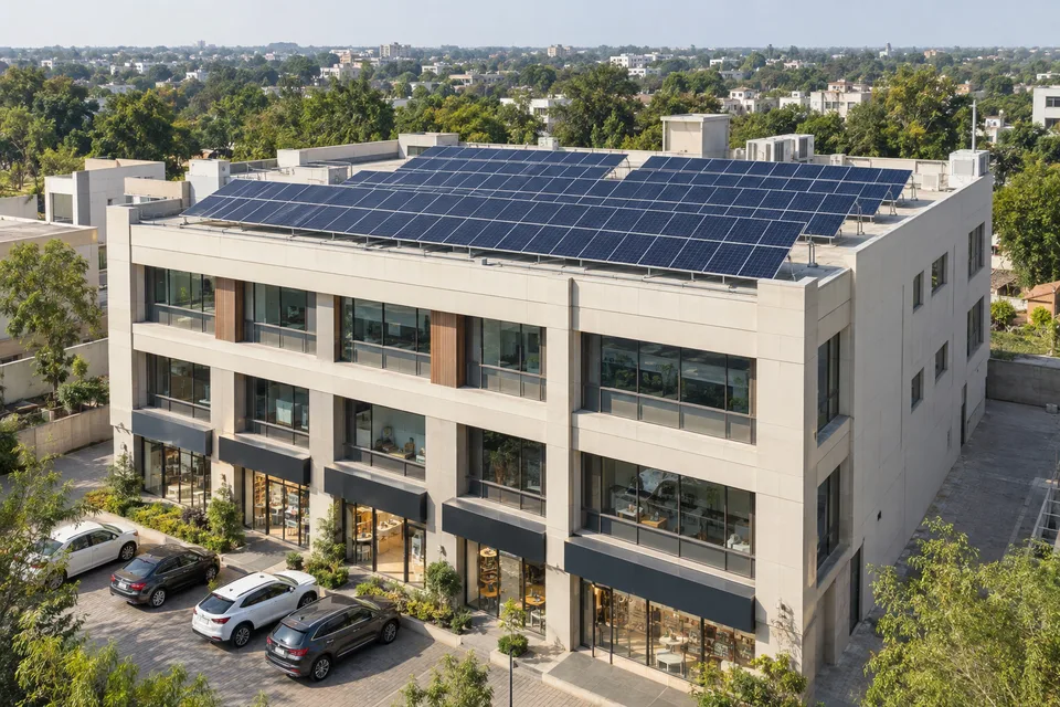 Illustrative rooftop solar on a building with shops and offices