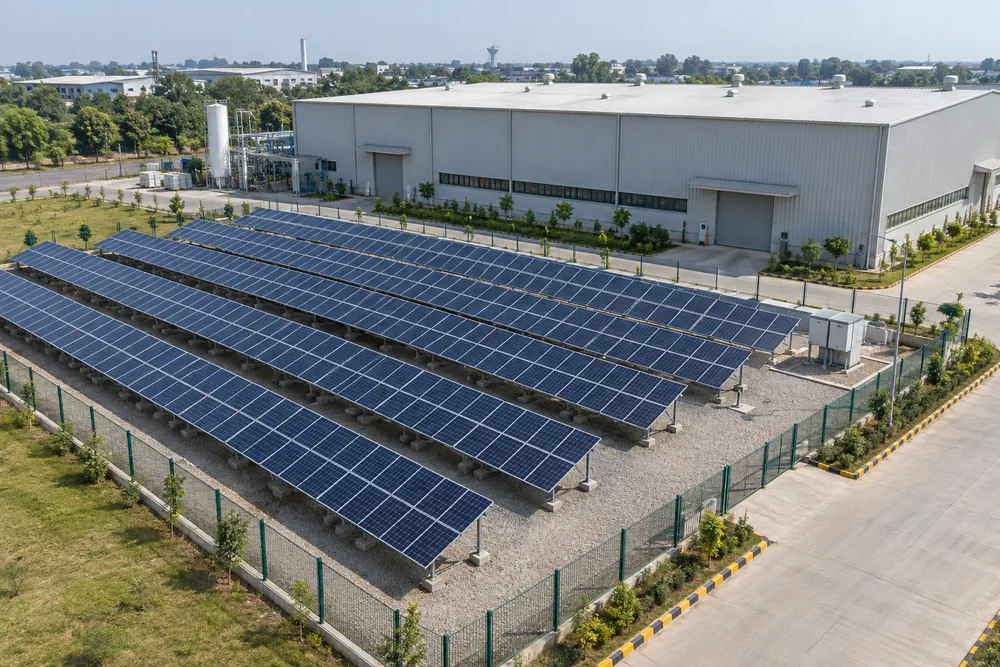 Illustrative ground-mounted solar panel rows beside a factory
