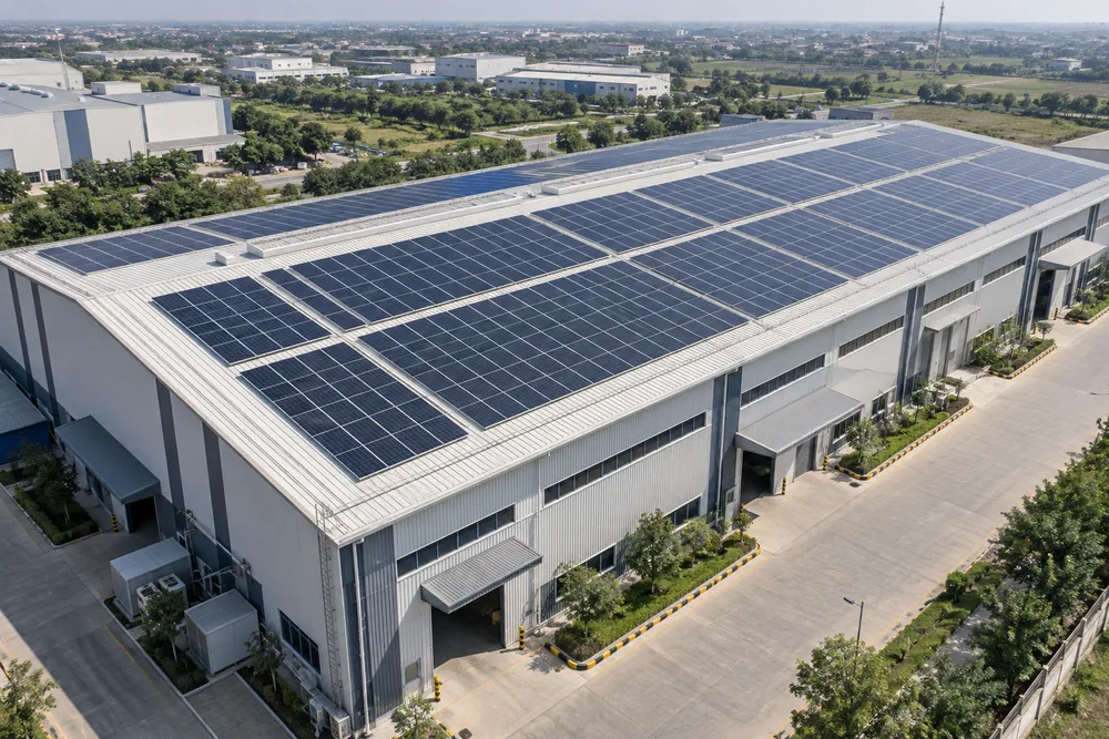 Illustrative rooftop solar panel rows on an industrial building