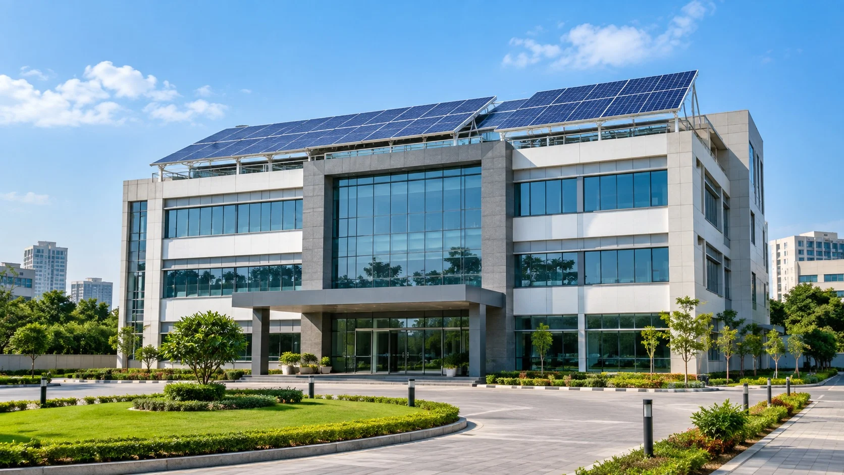 Illustrative commercial solar panels on an office rooftop