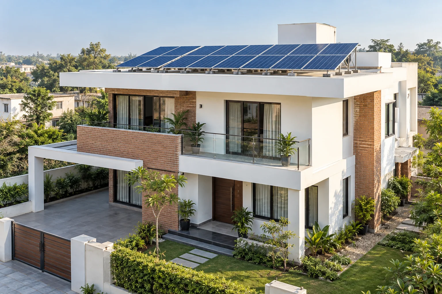 Illustrative contemporary Indian home with rooftop solar panels