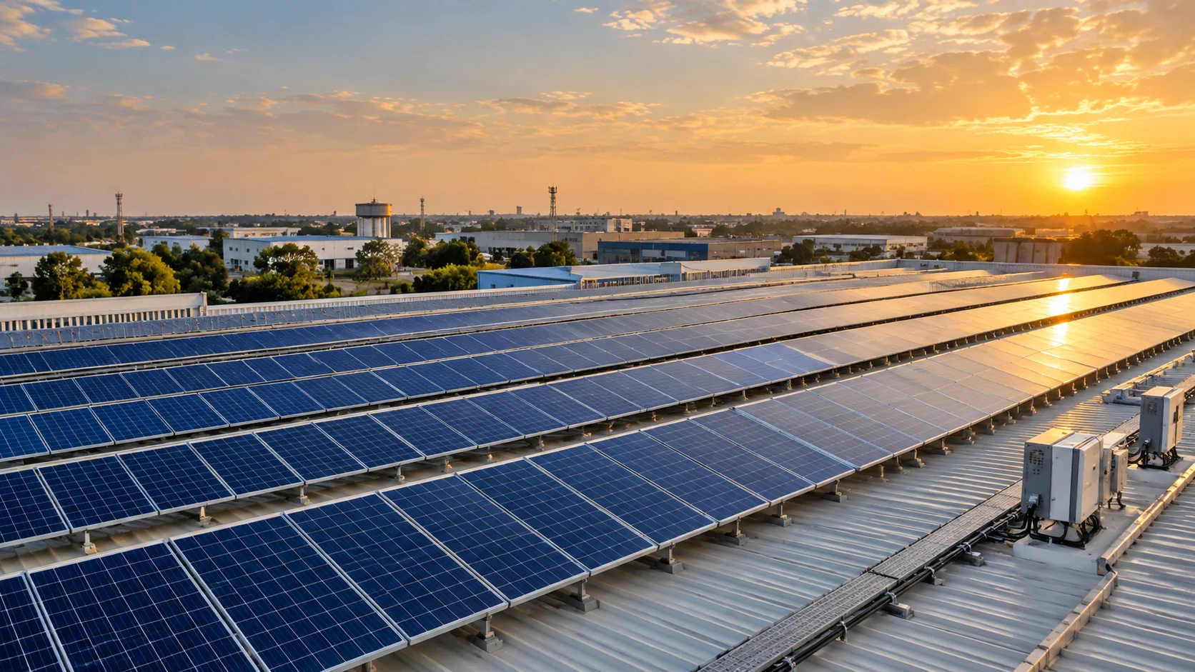 Solar panels on a commercial rooftop