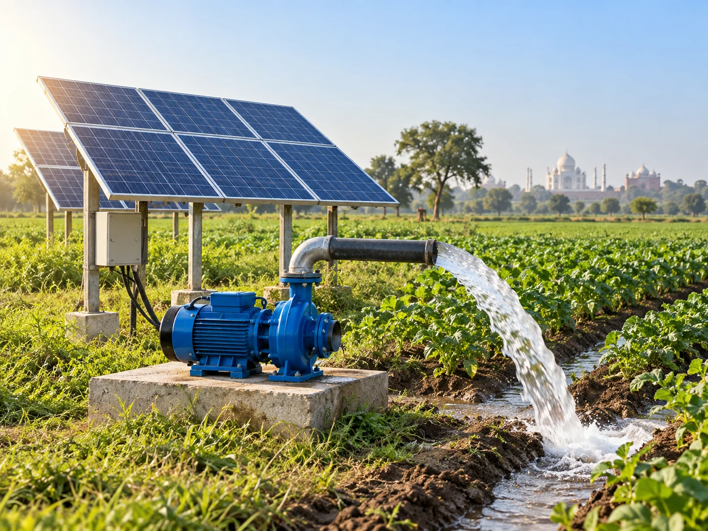 Solar irrigation pump beside a field